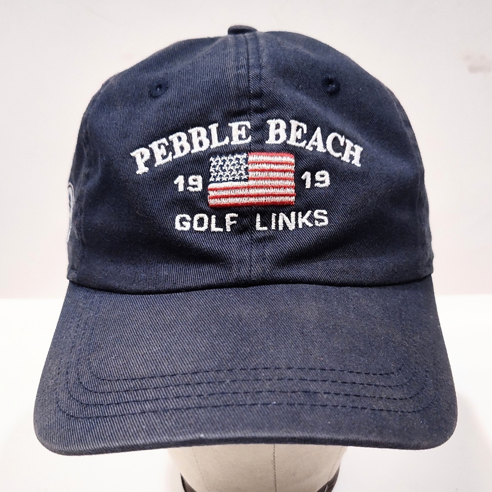 Pebble Beach Golf Links Navy Twill Cap US Flag Strap Back Hat Ahead Classic Cut